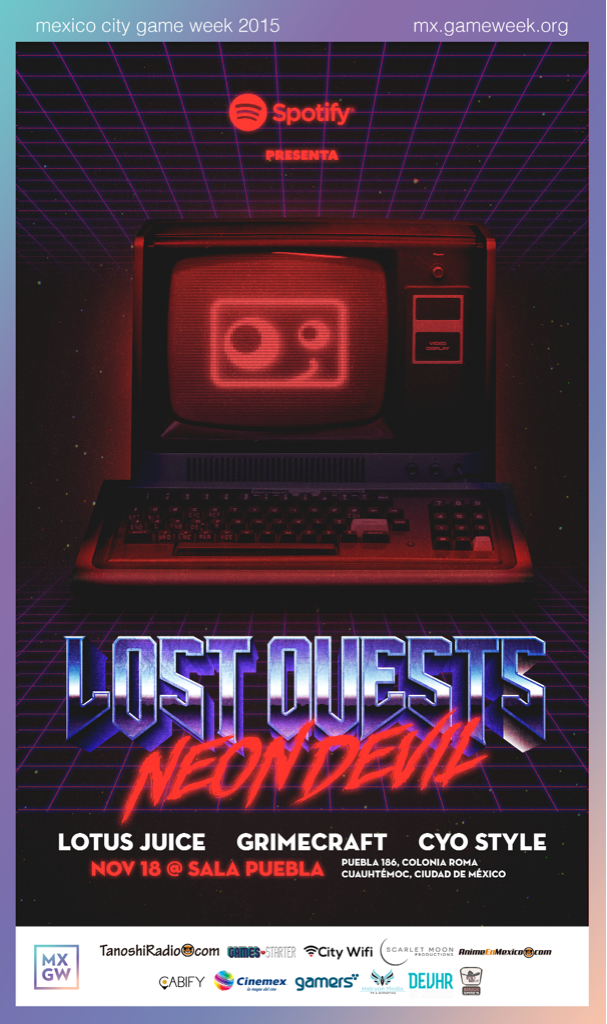 MxGameWeek's tweet photo. En la noche, @LostQuests presentando por @SpotifyMexico en Sala Puebla! @lotusjuice, @Grimecraft y Cyo Style 🎶👾🎶 https://t.co/aVlS8pmGOq