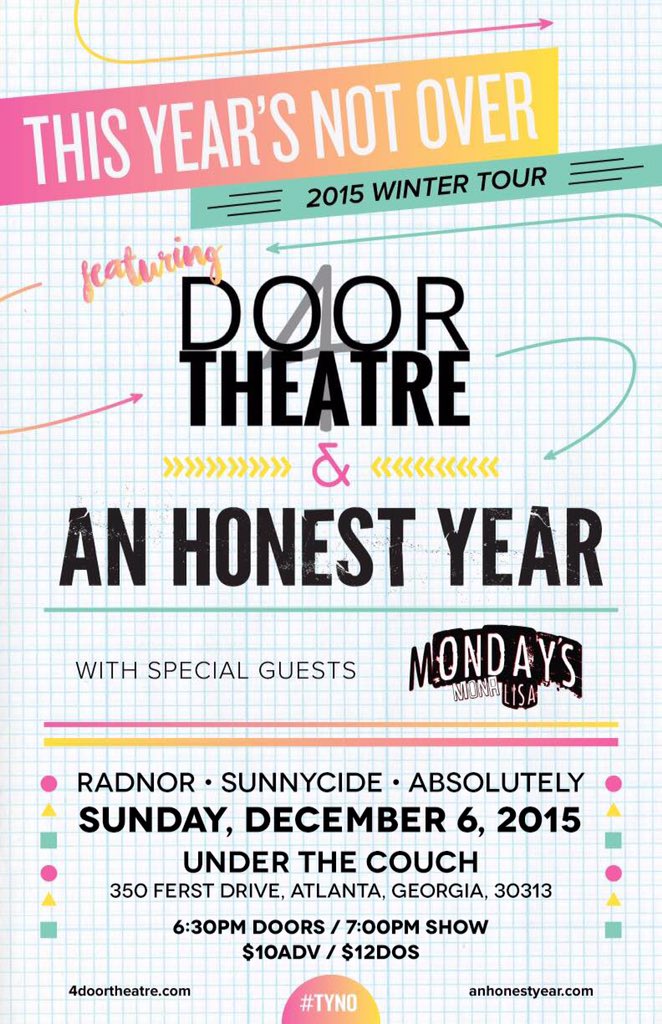 ChampionCollect's tweet photo. #TYNO 12/6 in Atlanta - @4DOORTHEATRE, @AnHonestYear, and @MondaysMonaLisa  Tickets - https://t.co/AzcM5na89v https://t.co/lCZUamARLI