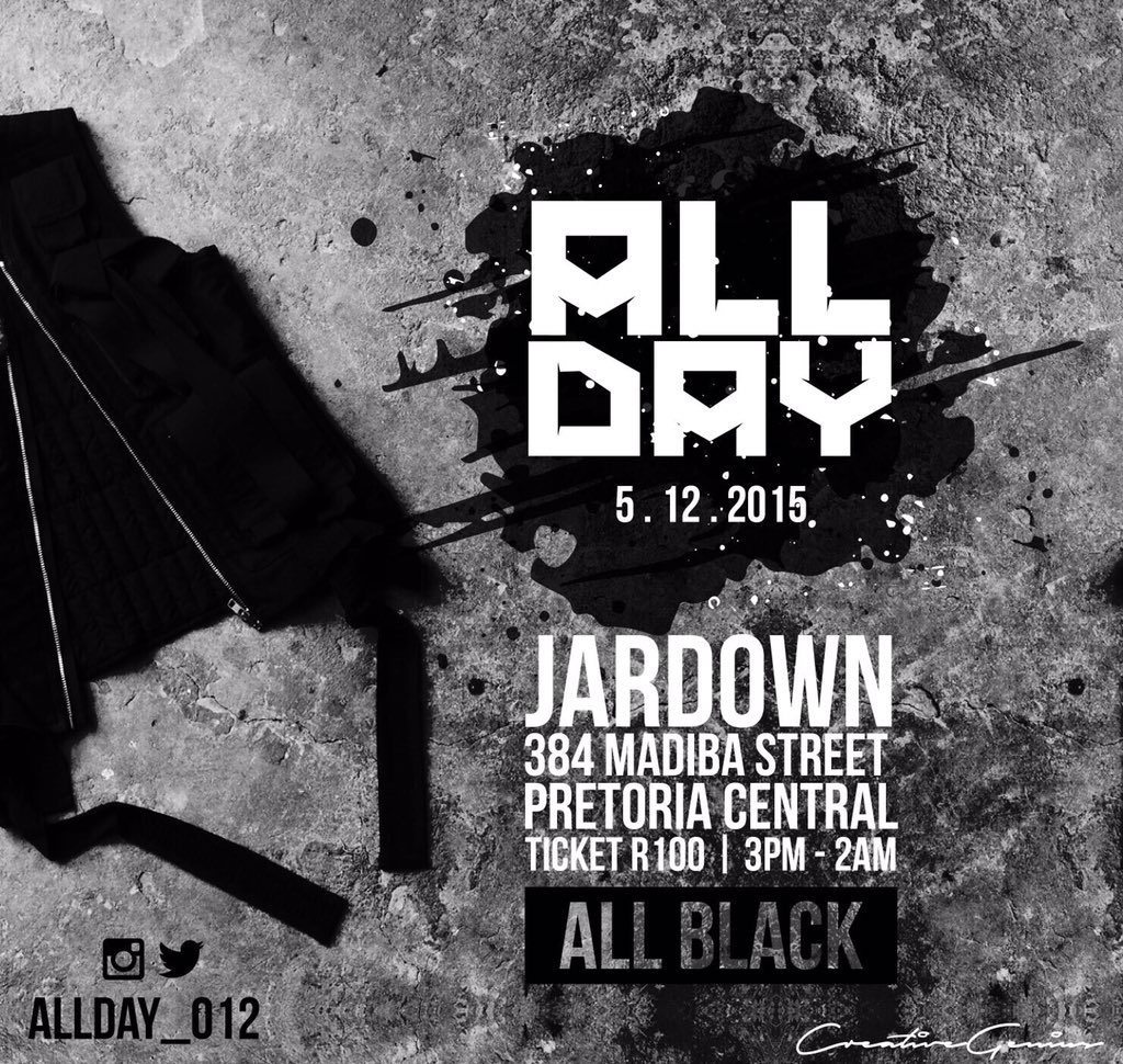 Vuittots's tweet photo. ✔️🔛🔝⚫️⬛️♠️♣️
5 December | AllDAY | for any enquiries contact Kholo@allday.co.za | cc @ALLDAY_012 https://t.co/tuZgx12vgH