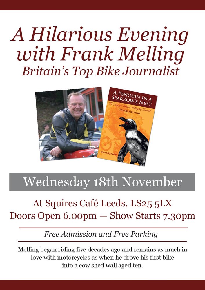 squirescafe's tweet image. Frank Melling at Squires Cafe tonight free entry. An evening of bike related laughs and banter