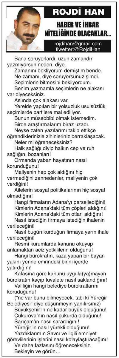 10 Kasım 2015 Tarihli <a href="/cukurovapress01/">çukurova press</a> Gazetesindeki Yazım
"HABER VE İHBAR NİTELİĞİNDE..."
goo.gl/36eXnN