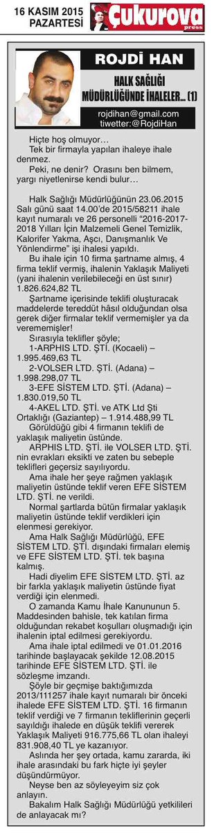 16 Kasım 2015 Tarihli <a href="/cukurovapress01/">çukurova press</a> Gazetesindeki Yazım
"HALK SAĞLIĞI MÜDÜRLÜĞÜNDE..."
goo.gl/iQx8Rb