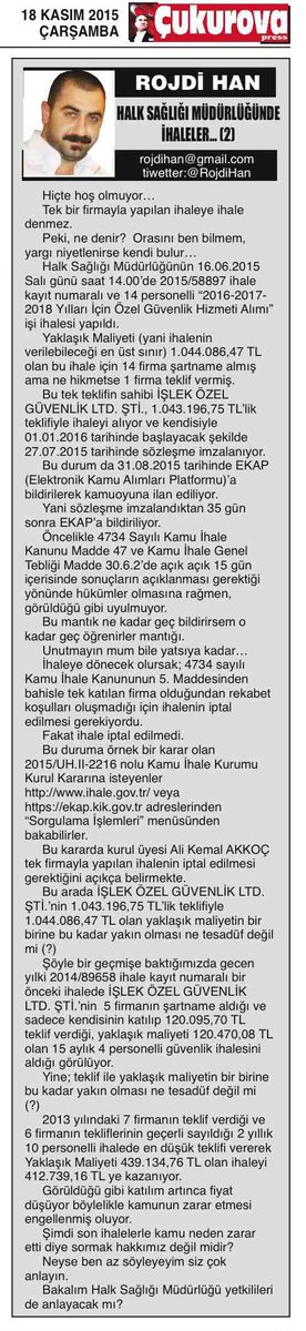 18 Kasım 2015 Tarihli <a href="/cukurovapress01/">çukurova press</a> Gazetesindeki Yazım
"HALK SAĞLIĞI MÜDÜRLÜĞÜNDE...2"
goo.gl/aEDAxr