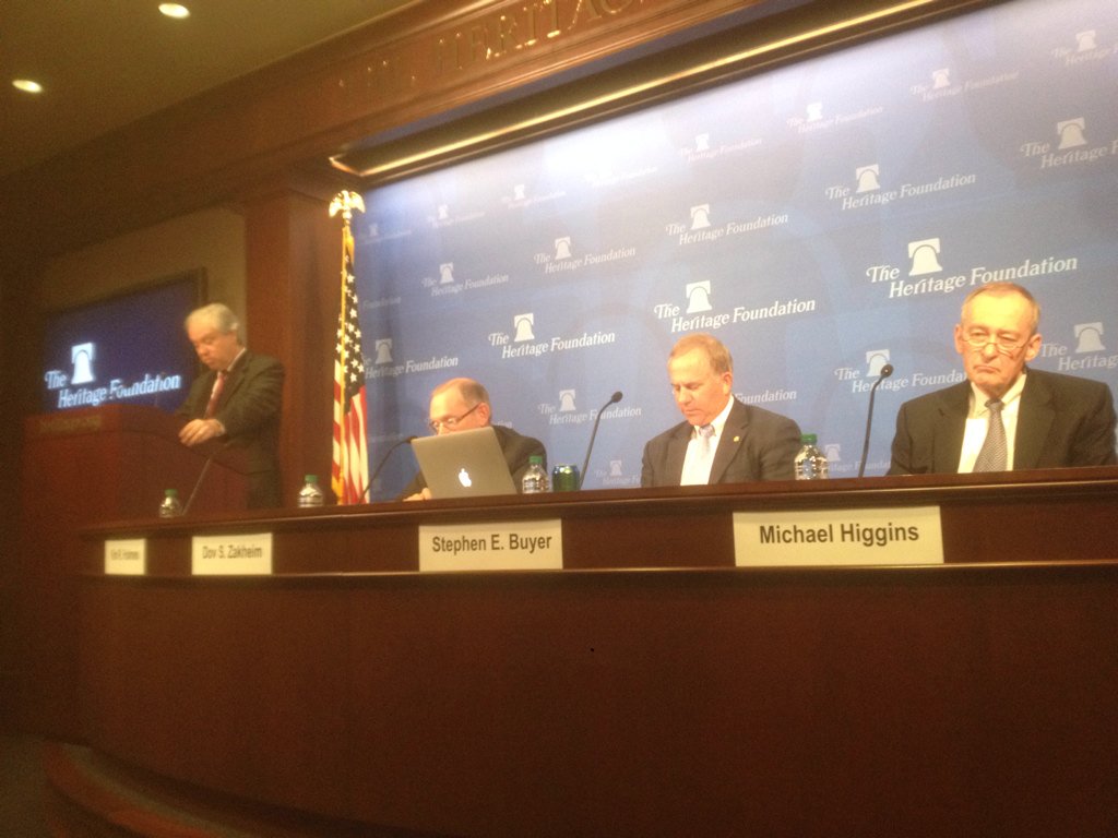 LeoShane's tweet photo. Three of the nine #MCRMC commissioners at @Heritage today to talk future defense personnel reform. https://t.co/BFl3XmxiHc