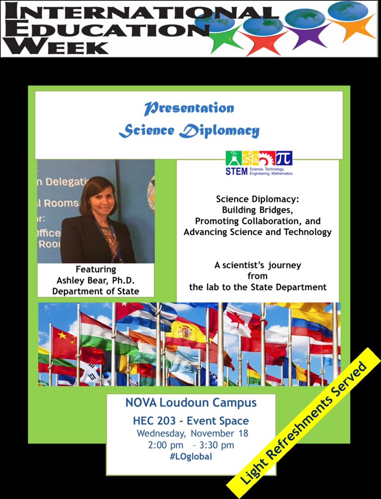 novaloudoun's tweet photo. Today at 2pm. Journey with us from the lab to the State Dept with guest Ashley Bear - #Science #Diplomacy #Loglobal https://t.co/eF5q1uEZeJ