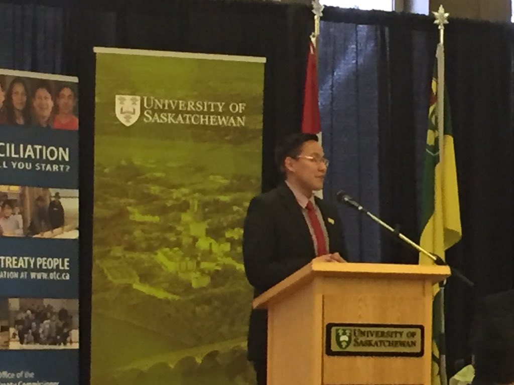 USSUExec's tweet photo. President Saddleback addressing the forum on behalf of the USSU. #TRCusask #us4u https://t.co/Xgtfpgjmrz