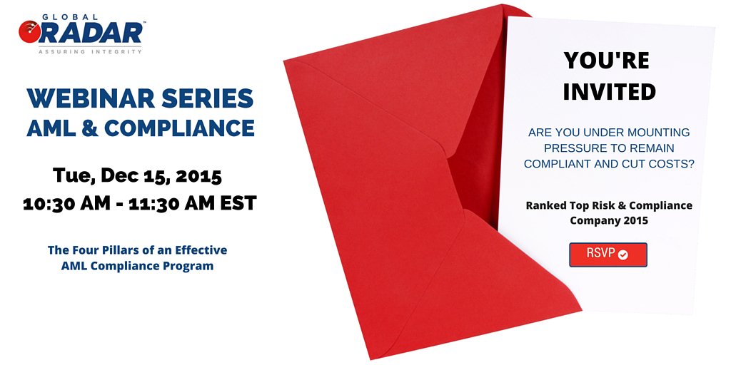 GlobalRADAR's tweet photo. Join #globalradar voted top #risk #compliance company in 2015 for our #webinar series https://t.co/m13METbzKD 12-15 https://t.co/eexwCdgBqv