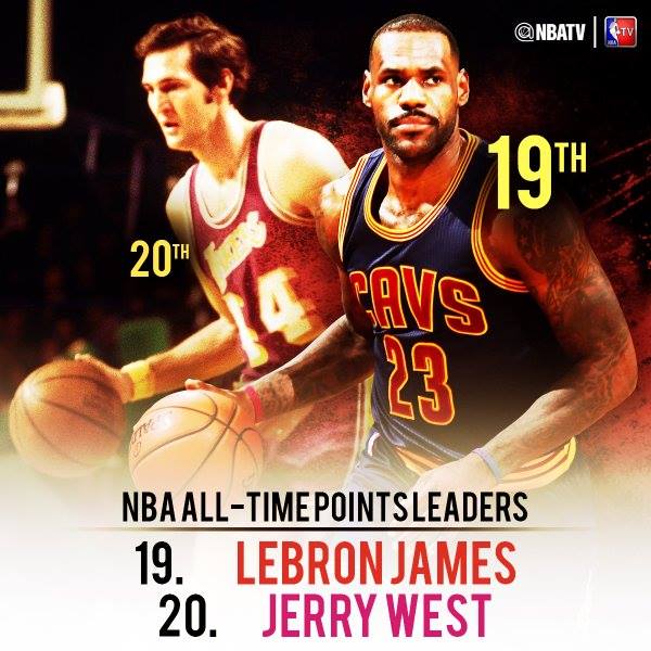 NBATV's tweet photo. ICYMI: @KingJames passed Jerry West for 19th on the all-time scoring list. https://t.co/oJ9XF7ixht