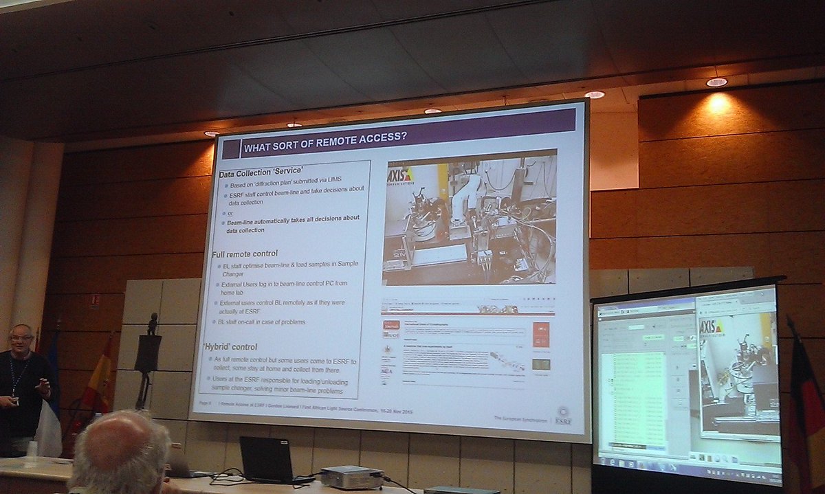ID30_MASSIF1's tweet photo. MT:Dr Gordon Leonard presenting the fully automated beamline @@ID30_MASSIF1 @IUCr @AfSynchrotron #AfricanLightSource https://t.co/2nqTYCPG2m