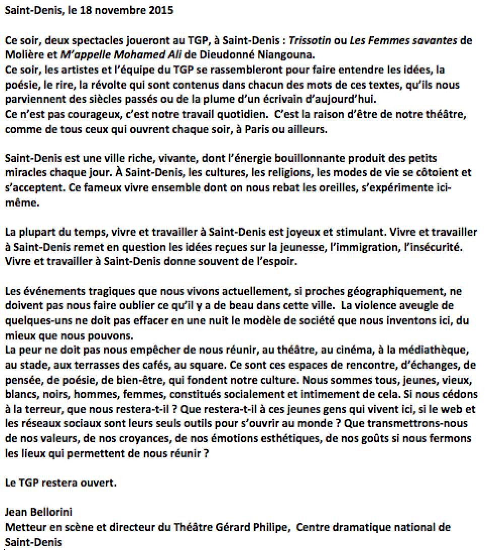 FousdeTheatre's tweet photo. Jean Bellorini: "Ce n’est pas courageux, c’est notre travail quotidien.  C’est la raison d’être de notre théâtre..." https://t.co/GaGX3f0iiQ