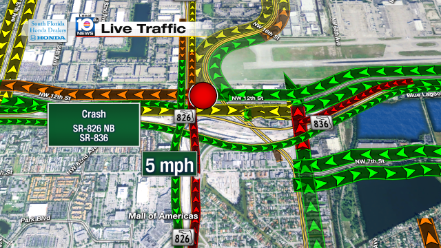Crash on SR-826 NB at the Dolphin Expy. 2 lanes blocked. Speeds at 5mph #traffic #miami https://t.co/UCo92Ssupc