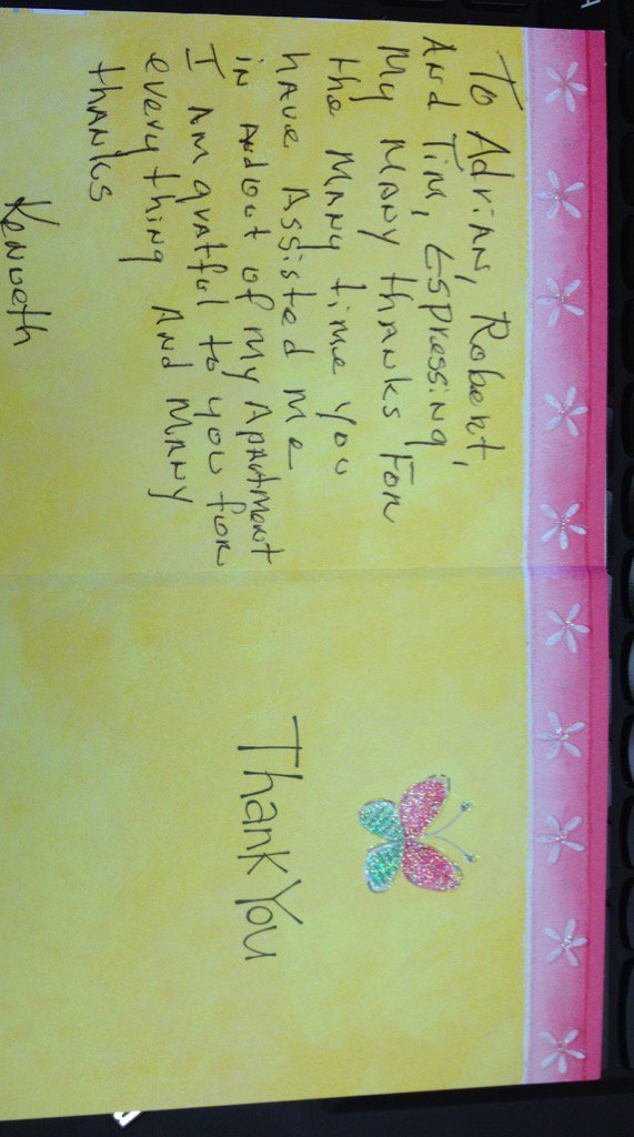 MelissaFriend4's tweet photo. A thank you note from a resident to our maintenance team!!!
@WheatleyDebbie @CShaw_Resource @HultgrenCandace https://t.co/Uf5BqGRM8X