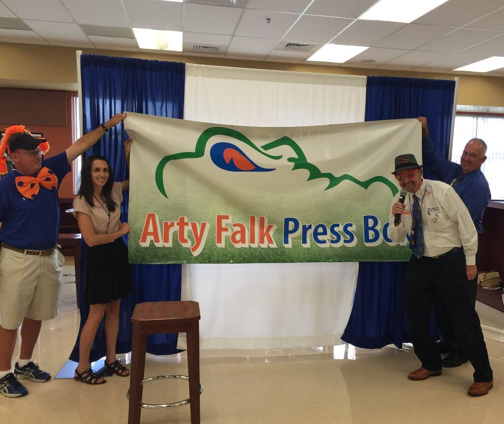 The press box at Palm Beach Gardens HS will be named after retiring teacher/administrator/announcer Arty Falk.