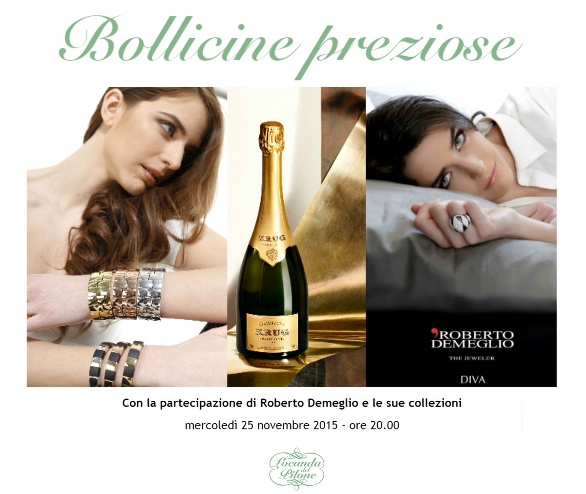 Mercoledì 25 le bollicine #Krug incontrano i gioielli <a href="/RobertoDemeglio/">Roberto Demeglio</a> alla #LocandadelPilone! V'aspettiamo alle 20!