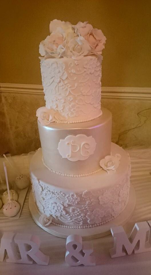 busybeecakes's tweet photo. Our beautiful lace wedding cake with hand piped brush embroidery and a pearlescent tier. https://t.co/3HJ2sWuiqy