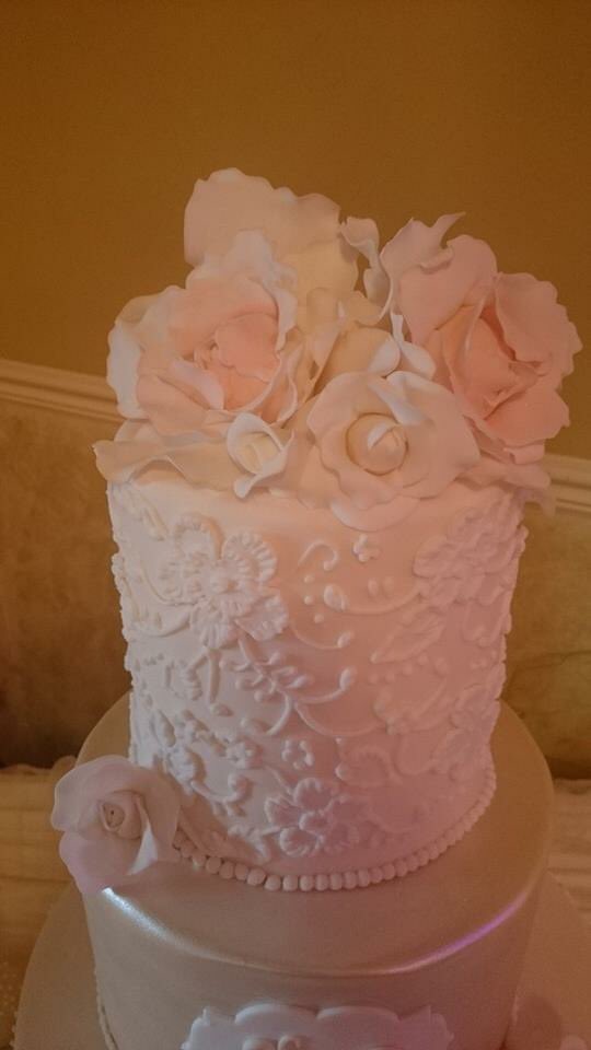 busybeecakes's tweet photo. Our beautiful lace wedding cake with hand piped brush embroidery and a pearlescent tier. https://t.co/3HJ2sWuiqy