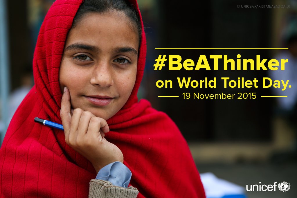 UNICEF's tweet photo. Ever thought about life without a toilet? That’s reality for nearly 1b people. #BeAThinker: https://t.co/BJ3BHEgvBX https://t.co/hEG5ff87wn