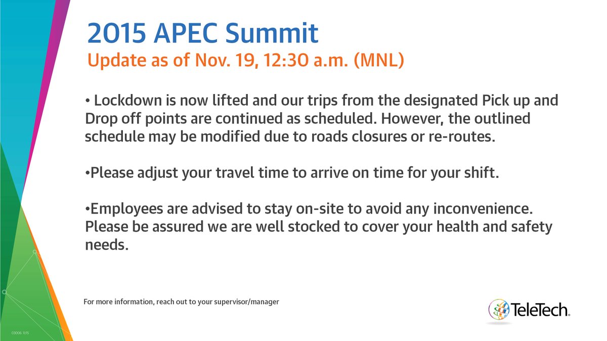 tteclife's tweet image. Advisory from TeleTech Pilipinas : #APEC #APECSummit2015 #TeleTech