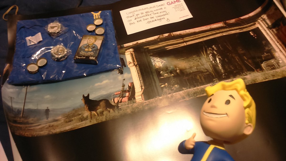 spark_plug_96's tweet photo. Huzzah! My Fallout loot came today! :D Thank you so much @GAMEdigital! Vault Boy approves too! #FalloutSelfie https://t.co/Sefg48mY0s