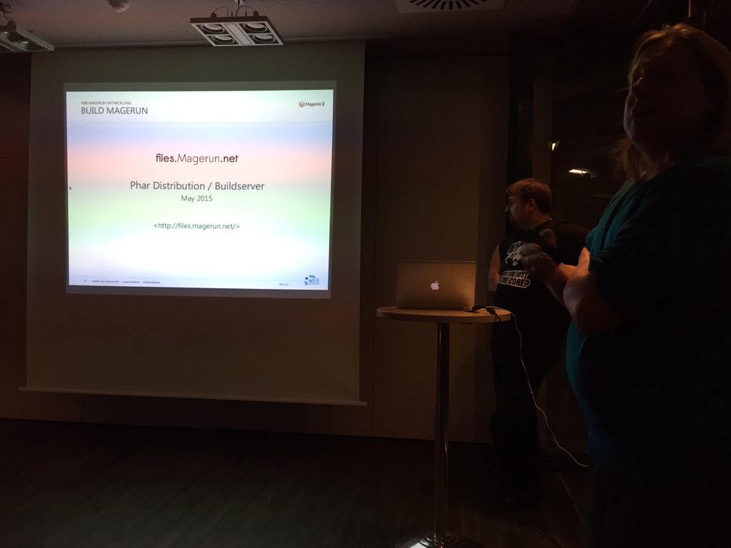 mat_walter's tweet photo. #magerun2 presentation by @cmuench and tom klingenberg #magento2 #magerun https://t.co/oJBEIWPGjg