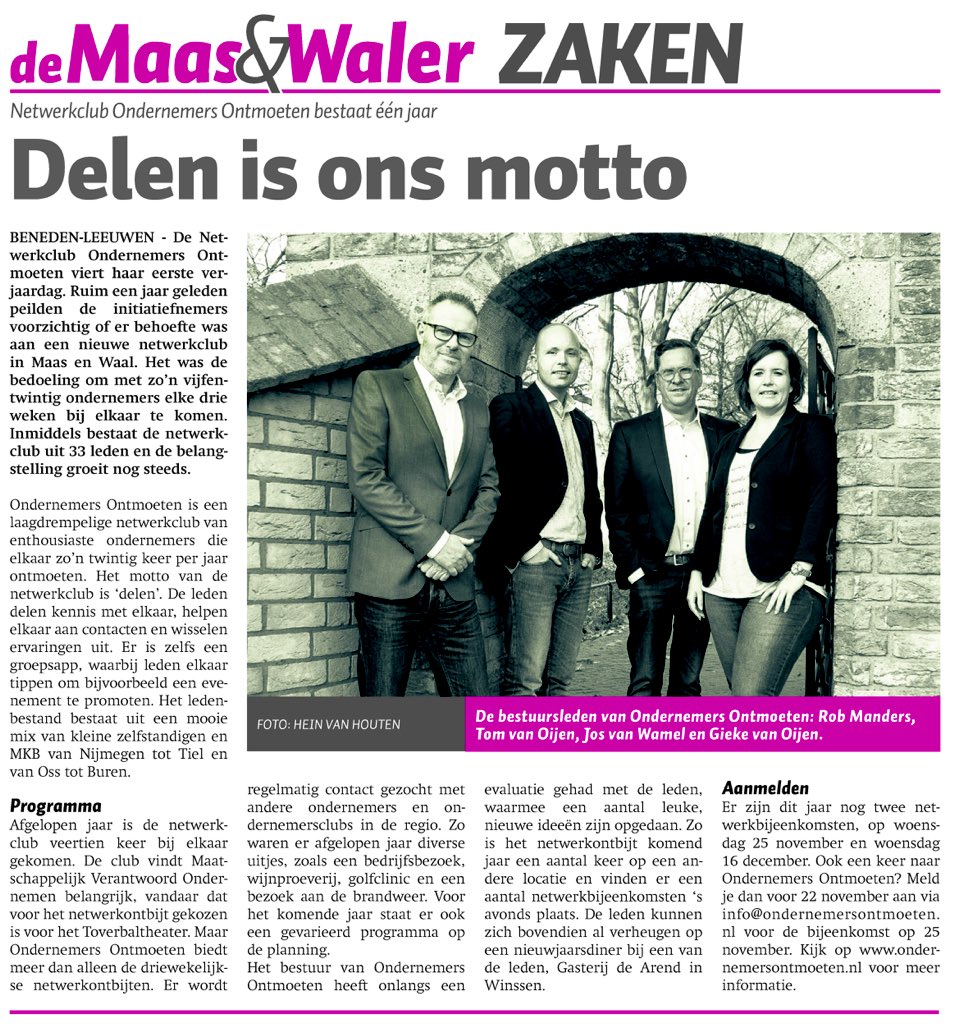 Mooi artikel <a href="/delenisonsmotto/">OndernemersOntmoeten</a> in @deMaasenWaler #ondernemers #interesse