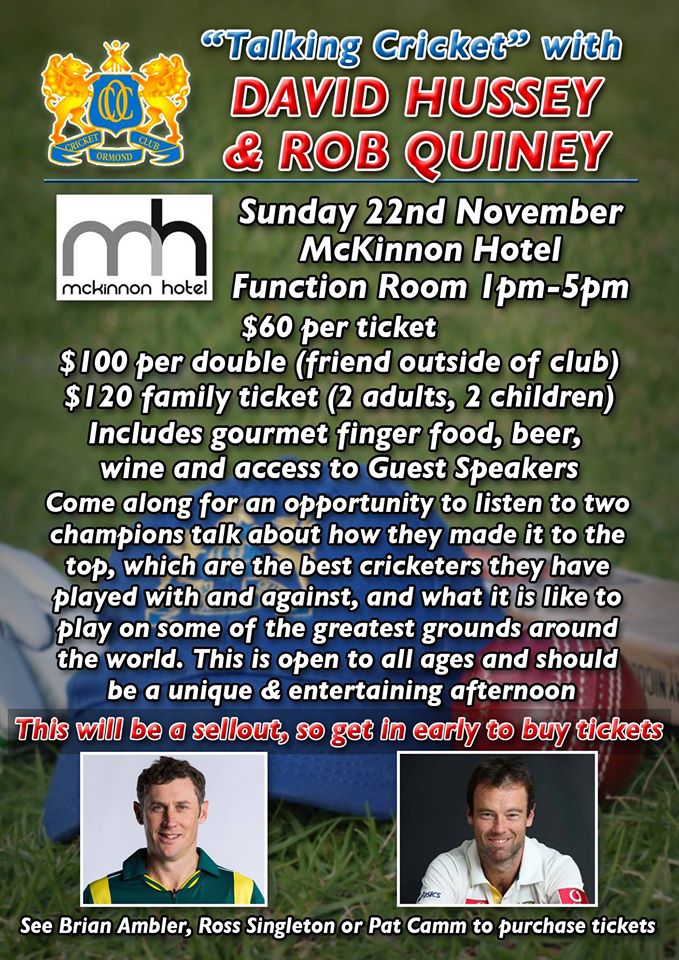 OrmondCC's tweet photo. Last minute tickets available for #talkingcricket this Sunday @MckinnonHotel Details at: https://t.co/gaoJVHq4Wz https://t.co/VslXPuoWUt