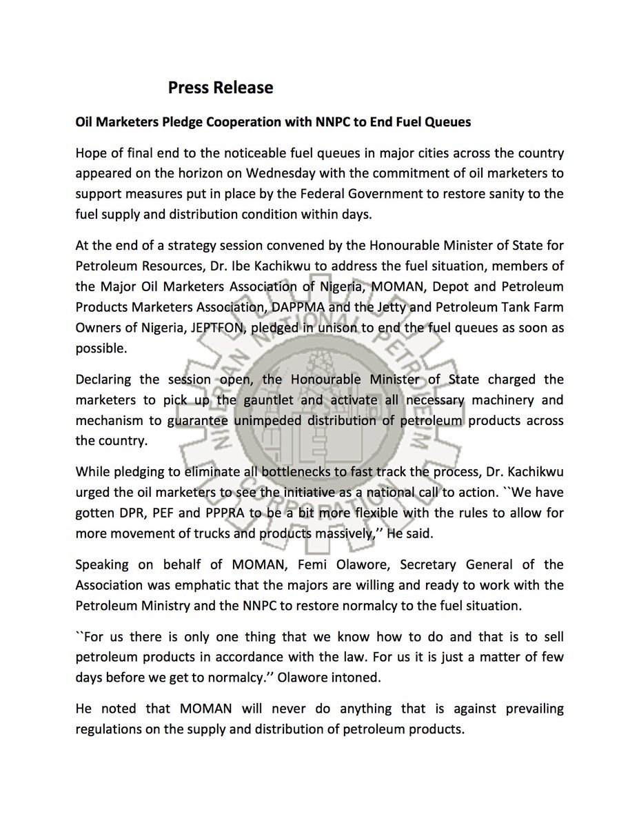 nnpclimited's tweet photo. PRESS RELEASE: Oil Marketers Pledge Cooperation with NNPC to End Fuel Queues https://t.co/J9ZLu06vNF