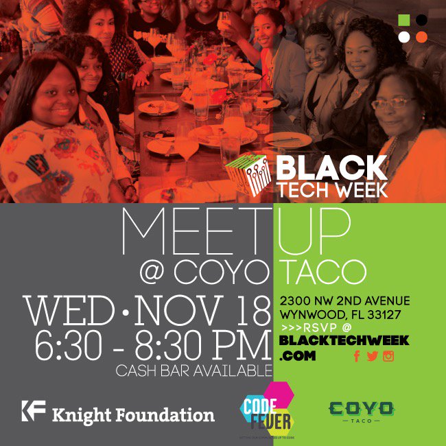 CFBInnovation's tweet image. We&apos;re ready for Tacos, Reggae, and amazing ppl in Tech! See everyone at 6:30 tonight! #blacktechweek #w3rtech