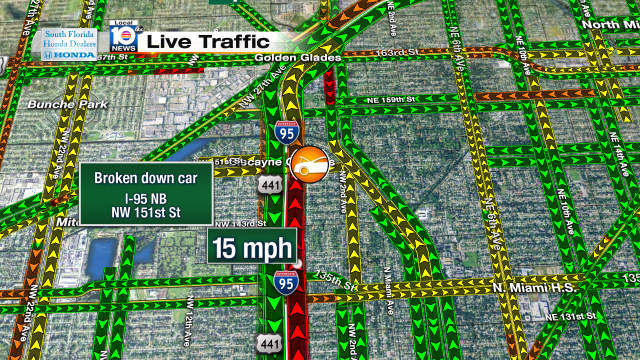 Broken down car on I-95 NB at NW 151st St. Speeds at 15mph #traffic #miami https://t.co/4S47h2QWvX