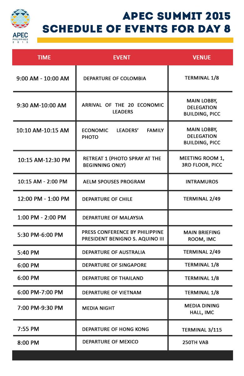 ApecTV_'s tweet image. Day 8 Schedule of Events #ApecSummit2015 #Apec2015 #ApecTv