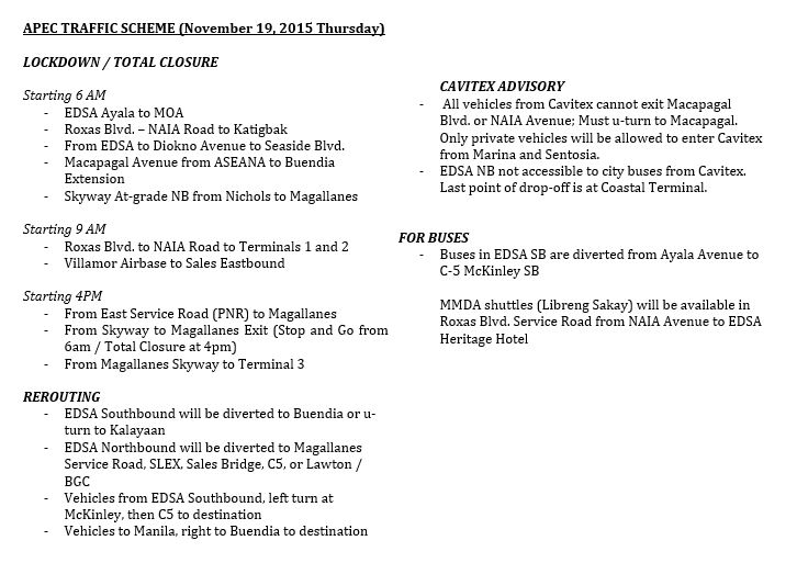 <a href="/kimyposs1ble/">Kimberly Kings</a> APEC Traffic Scheme for Nov. 19 (Thursday) as of 9AM. Please avoid the involved areas. #mmda