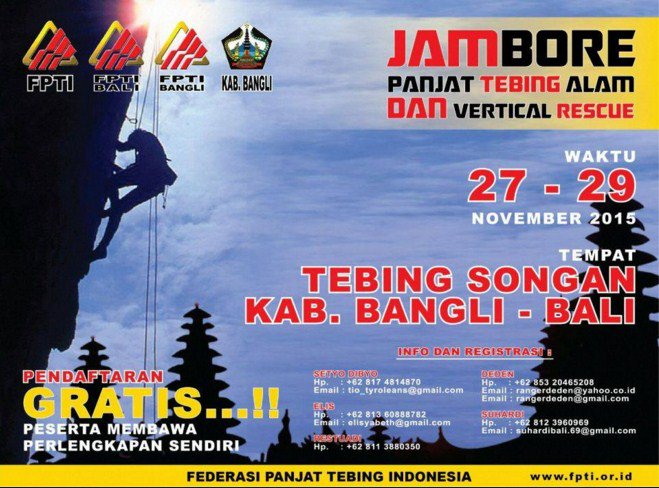 MapalaPTM's tweet photo. @CAMPSTICK_APP Follback Bro, FPTI Menggelar Jambore Panjat Tebing Alam Di Bali 27 November https://t.co/0E0Kk6ONB1 https://t.co/3omSoShfgA