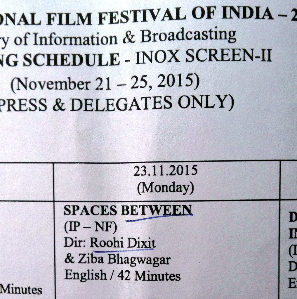 gangactor's tweet photo. Catch #SpacesBetween #IFFI2015 #Inox 2 Nov23rd 9:30am #IPNF by @RoohiD @howbza curios to know what are d two spaces https://t.co/C2pqcSFxlw