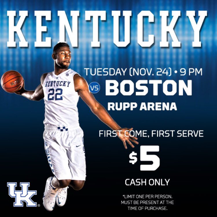 UKTix's tweet photo. Big news, #BBN:

eRUPPtion Zone tickets will be available to the public for @KentuckyMBB's game vs. Boston. https://t.co/60ESdXL1op