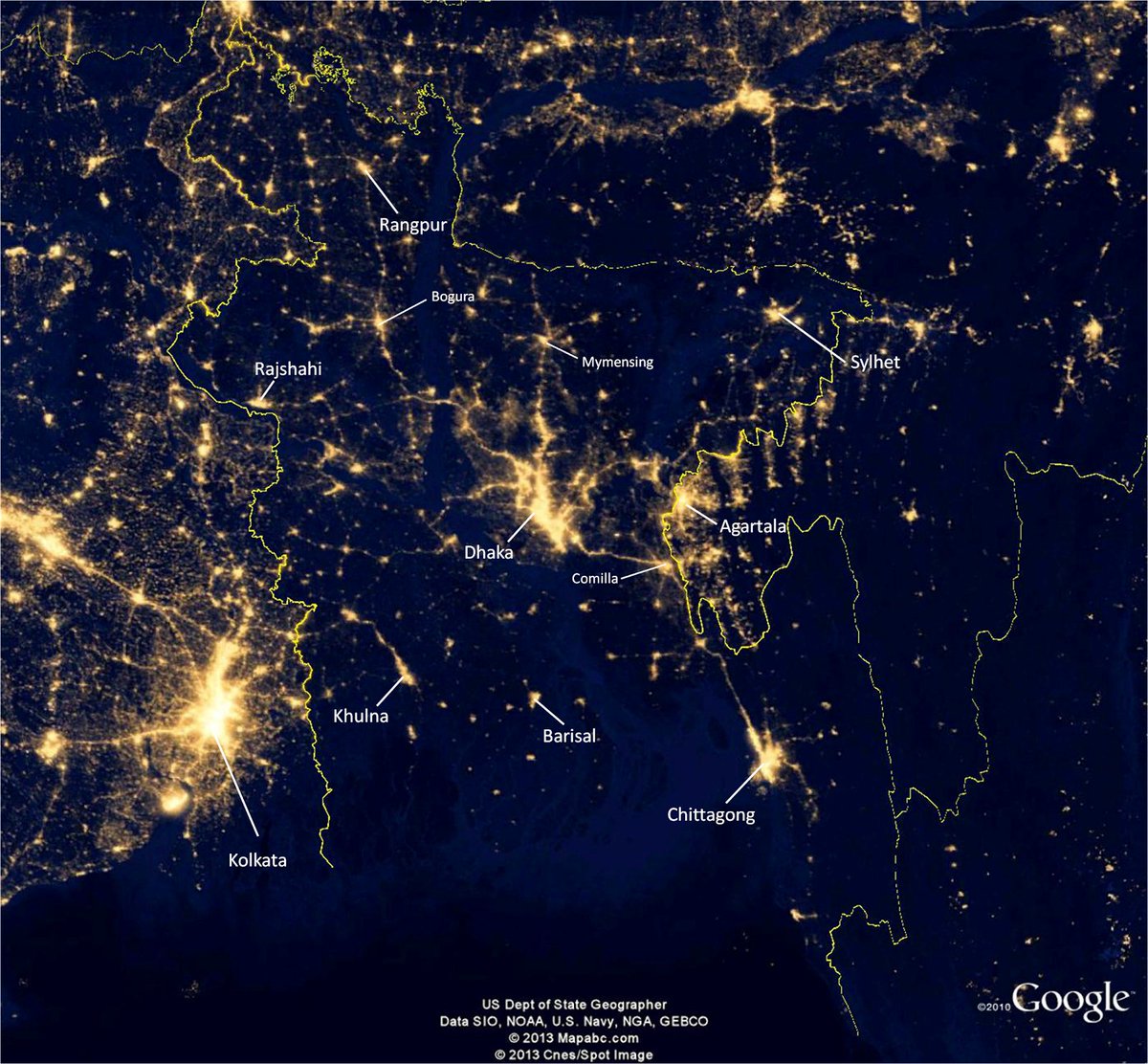 BanglaPhoto's tweet photo. Suomi NPP satellite imagery of Bangladesh night lights. https://t.co/7tyd3gsZw9