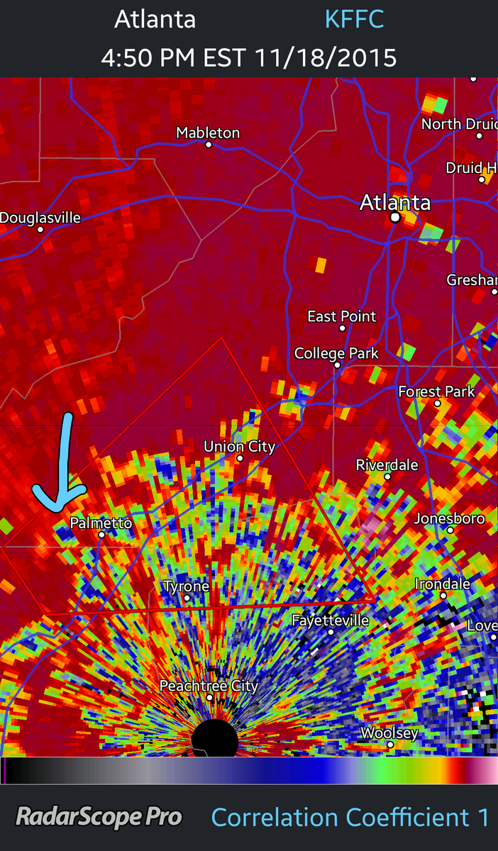 Tornado debris signature on storm near Palmetto, GA SW of Atlanta, seek