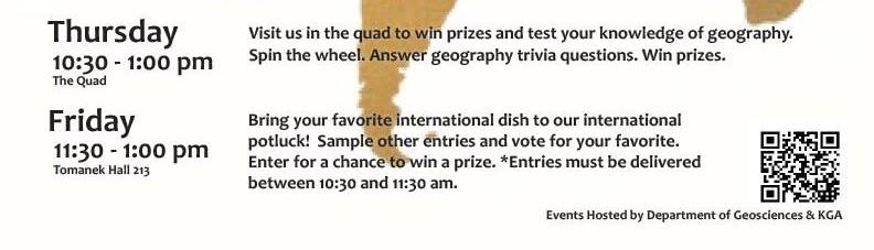 FortHaysState's tweet photo. The rest of this weeks activities for #GEOWeek15. There's spin the wheel, trivia, & prizes. https://t.co/4O7E337b5C https://t.co/IgXpGazaTX