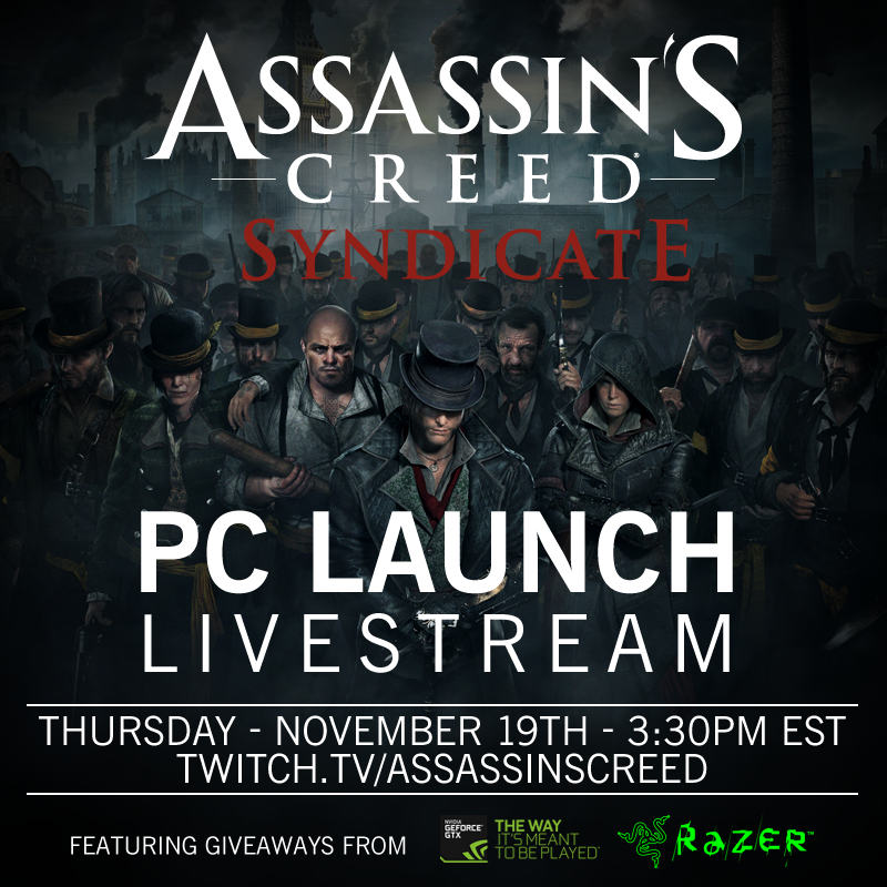 assassinscreed's tweet photo. We're celebrating #AssassinsCreed Syndicate's PC launch with giveaways from @NVIDIAGeForce, @Razer, &amp; @elgatogaming! https://t.co/xNTAs8qYAT