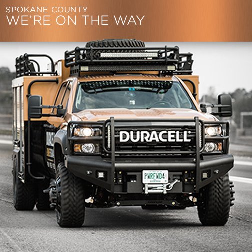 Duracell's tweet image. Spokane County: we're on our way with free batteries &amp;amp; mobile charging to help those impacted by the windstorm.