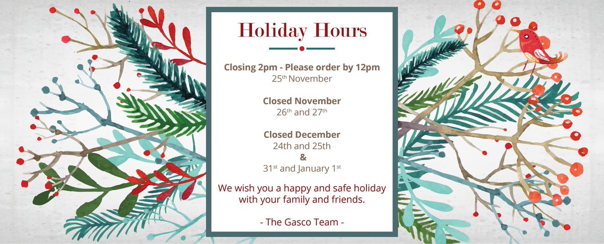 GascoGas's tweet photo. We hope you have a great holiday season! Here are our holiday hours! #Gasco https://t.co/yWb5ahJy1q