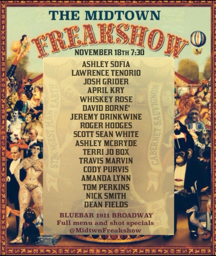 MidtwnFreakshow's tweet photo. Tonight! @AprilKryMusic @joshgrider @whiskeyroseduo @scottseanwhite @CodyPurvisMusic @travismarvin https://t.co/gl6rDj5ivb