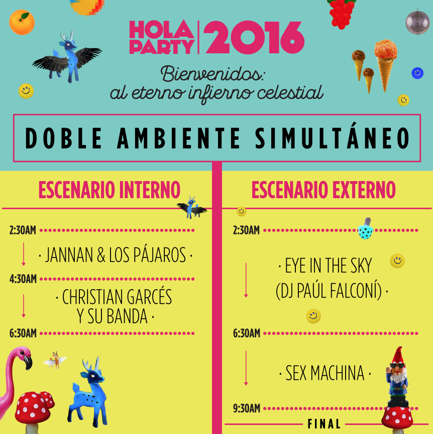 HolaParty's tweet photo. Dos escenarios, dos ambientes, tres bandas, un DJ. UNA SOLA FIESTA. #laprimerfiestadelaño 🦄🐱🍒🌶🍄⚡️🍦🍭🍫 https://t.co/qF3KaZxv2J
