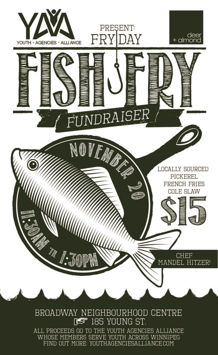 YAAdirector's tweet photo. #YAA FryDay Fish Fry Nov 20! Tix at the door. Spread the word! @AceBurpeeShow @Rhythm1047FM @QX104winnipeg @680CJOB https://t.co/hQ3ofrQ5dt
