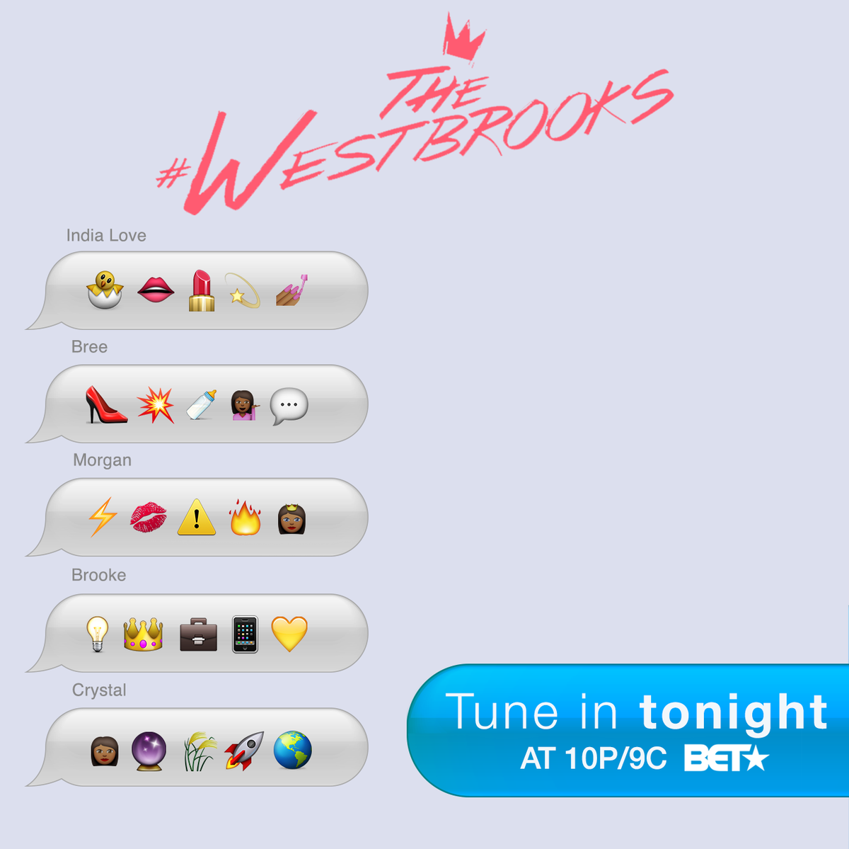 Which character's emojis do you use? #TheWestbrooks is on TONIGHT at 10P / 9C!