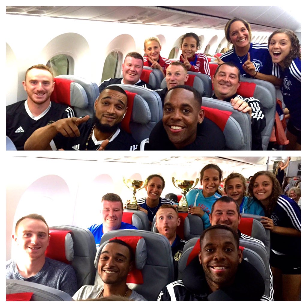FCNEtours's tweet photo. Before and after of our coaches/players leaving for Sweden and returning with 2 trophies!! https://t.co/t2dQHDF9aQ