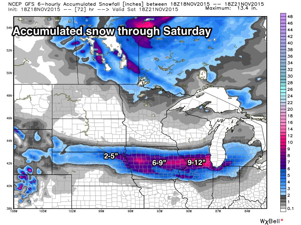 spann's tweet photo. Looks like a big November snow for parts of the Midwest in coming days. https://t.co/osznhQtIvx