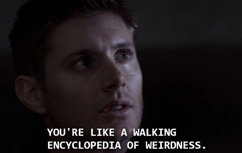agentromance's tweet photo. From #sex to #scifi , I am admit to being a "Walking encyclopedia of Weirdness" @cw_spn #thingsdeansays https://t.co/1LjcQr2wZr