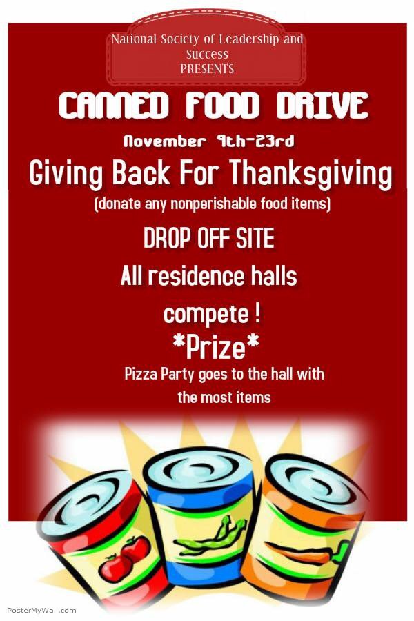 NslsSau's tweet photo. Help the National Society of Leadership and Success by giving back for Thanksgiving. Take part in our drive! #NSLS https://t.co/u6vsdZB6bO