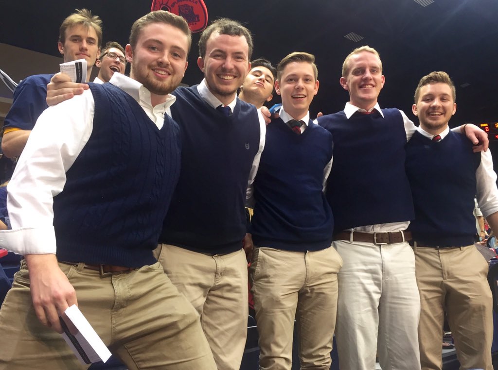 MikeOrganWriter's tweet photo. .@BelmontMBB student section showing support for Rick Byrd and the sweater vest. #itsBRUINtime https://t.co/fu5v96a4XR