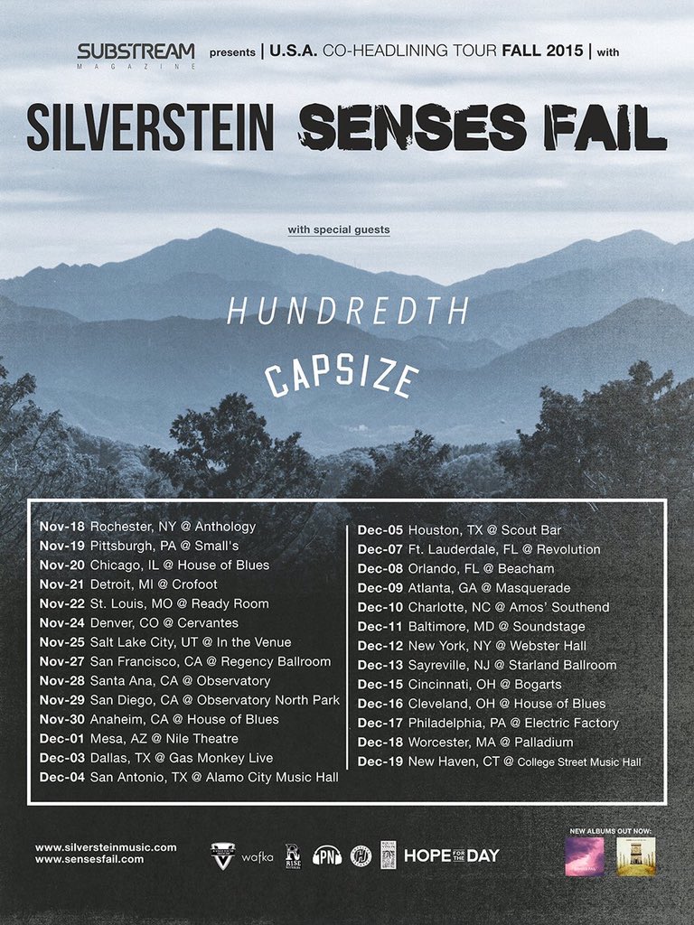 Substream's tweet photo. Good vibes go to @silverstein, @SensesFail, @HUNDREDTH &amp; @capsizeband on their tour kickoff! https://t.co/gzzqhfq6nR https://t.co/gU1l1Bwpr5
